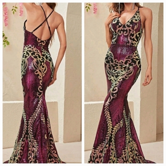 Multicolor Baroque Spaghetti Strap,  backless, Crisscross, Mermaid Maxi … - Picture 1 of 9